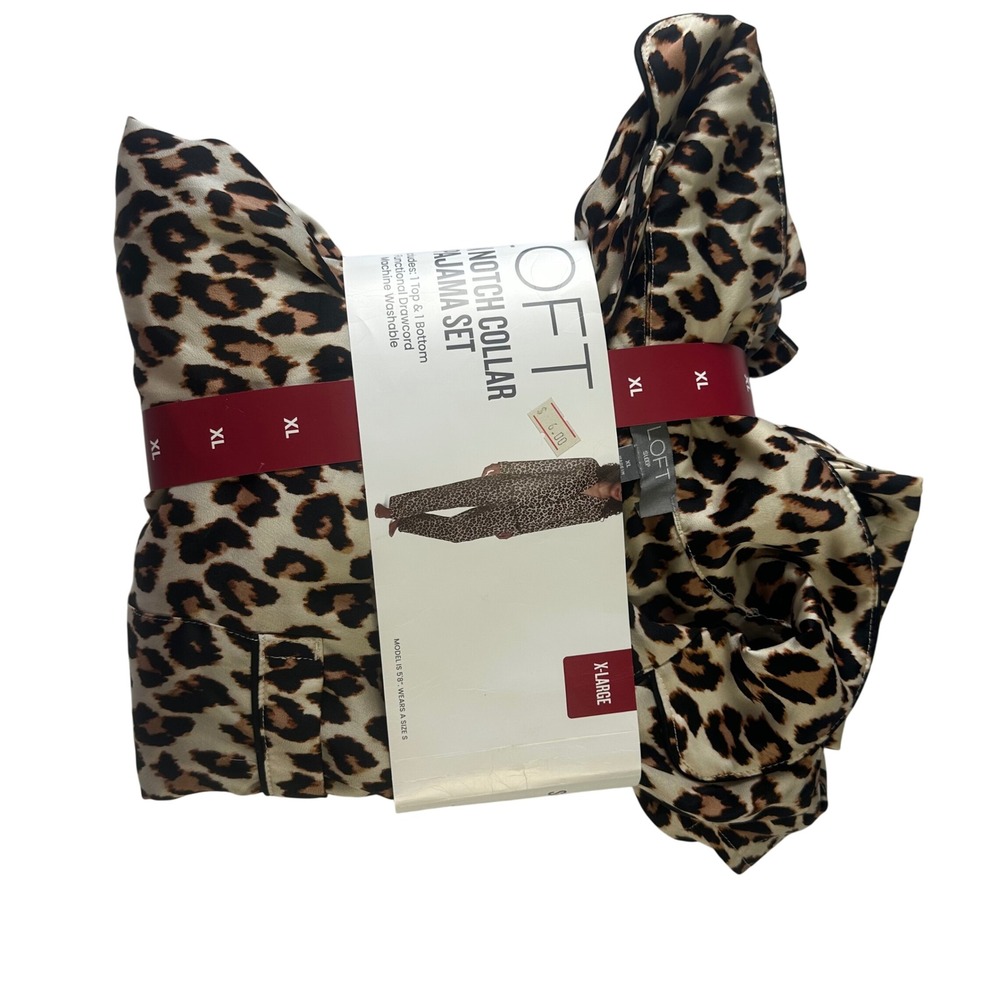 LOFT Satin Notch Collar Pajama Set Leopard Print 2 Piece XL New
